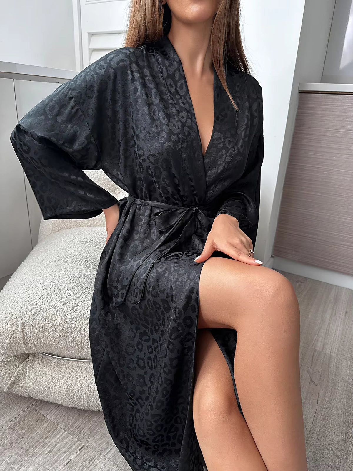 Women's Satin Dressing Gown – Leopard Print Robe with Belt