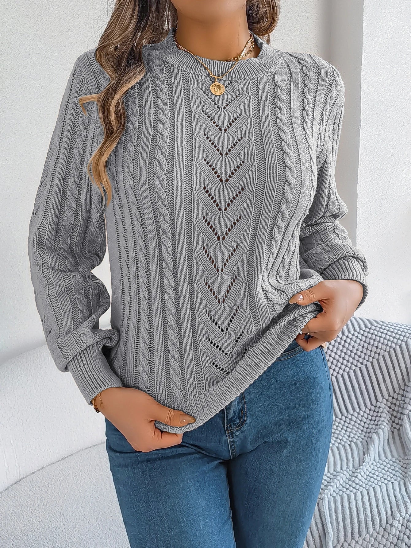 Women's Open Knit Round Neck Top