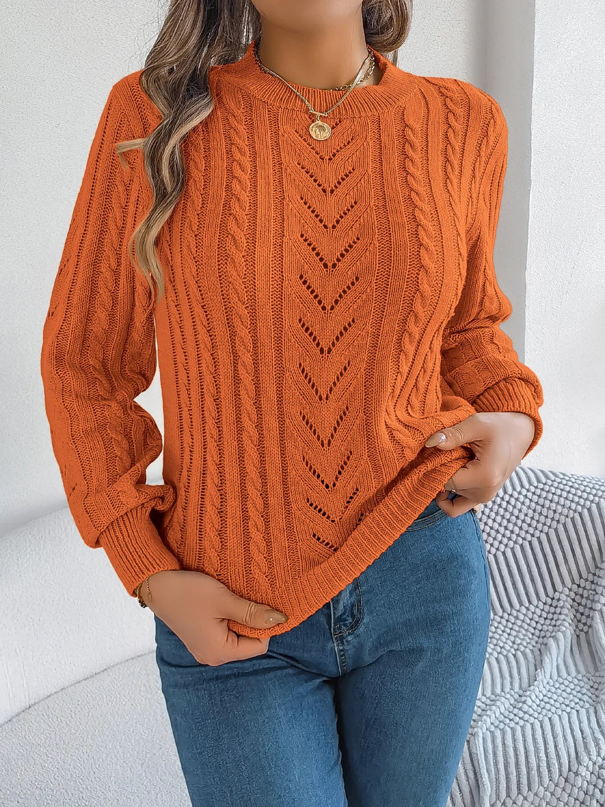 Women's Open Knit Round Neck Top
