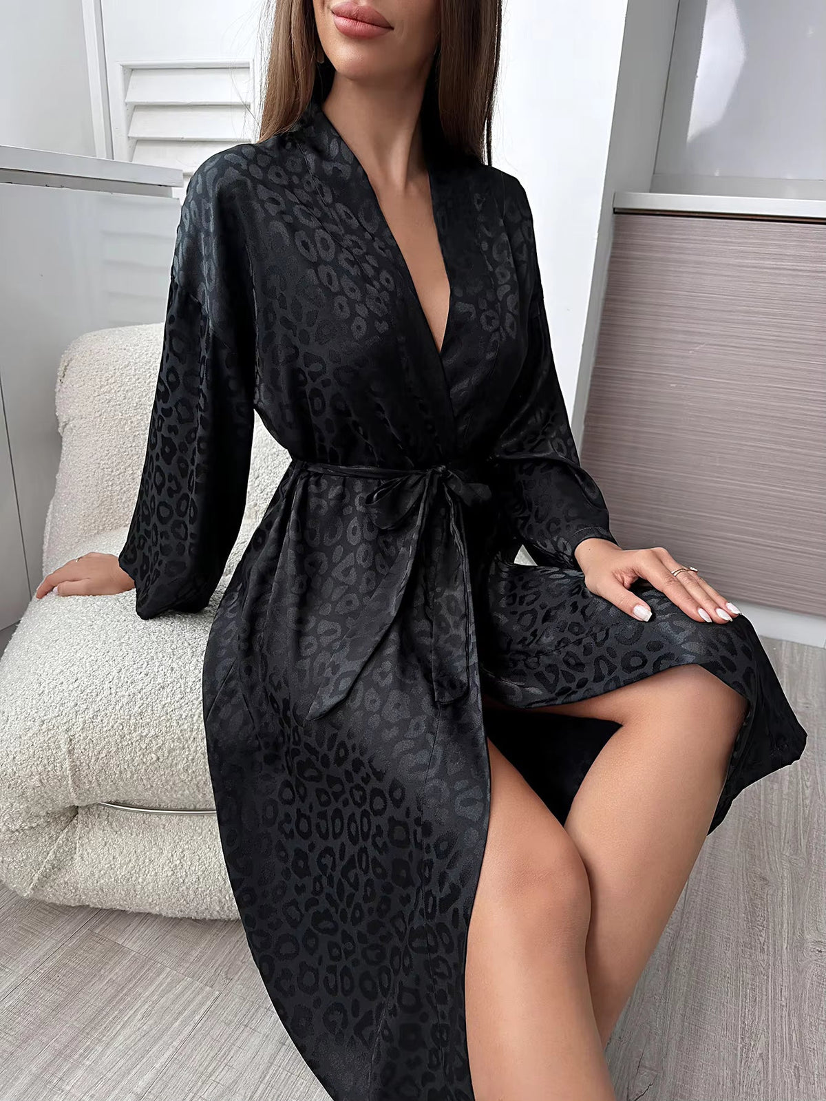 Women's Satin Dressing Gown – Leopard Print Robe with Belt