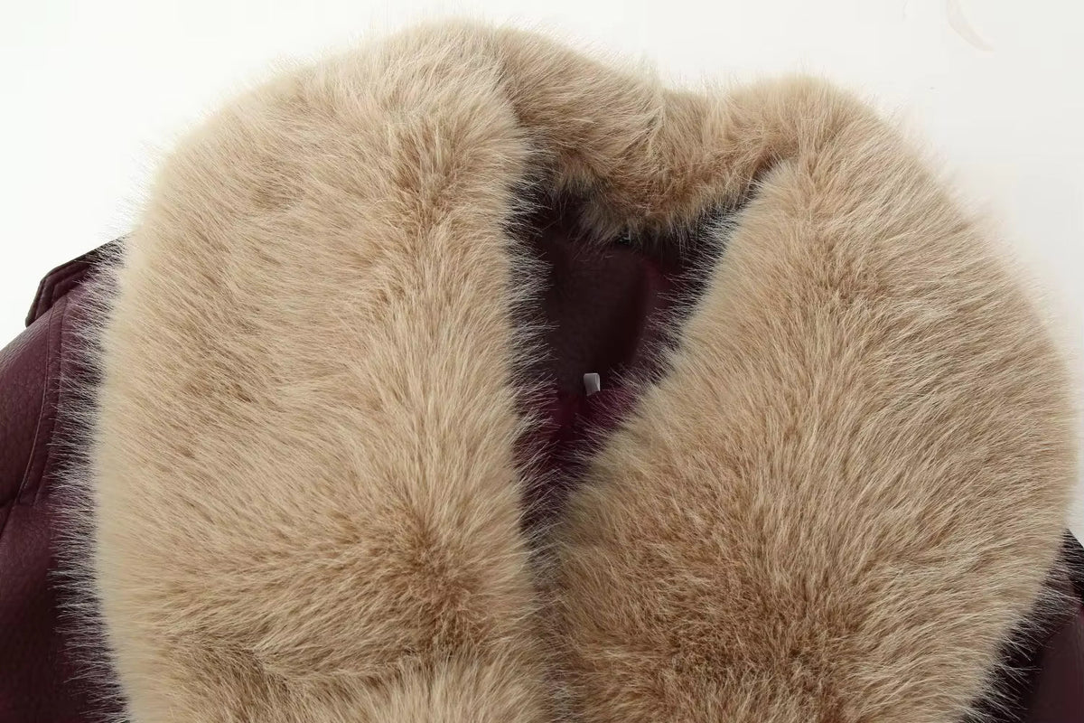 Women's Faux Fur Collar Jacket – Oversized Wine Red Coat