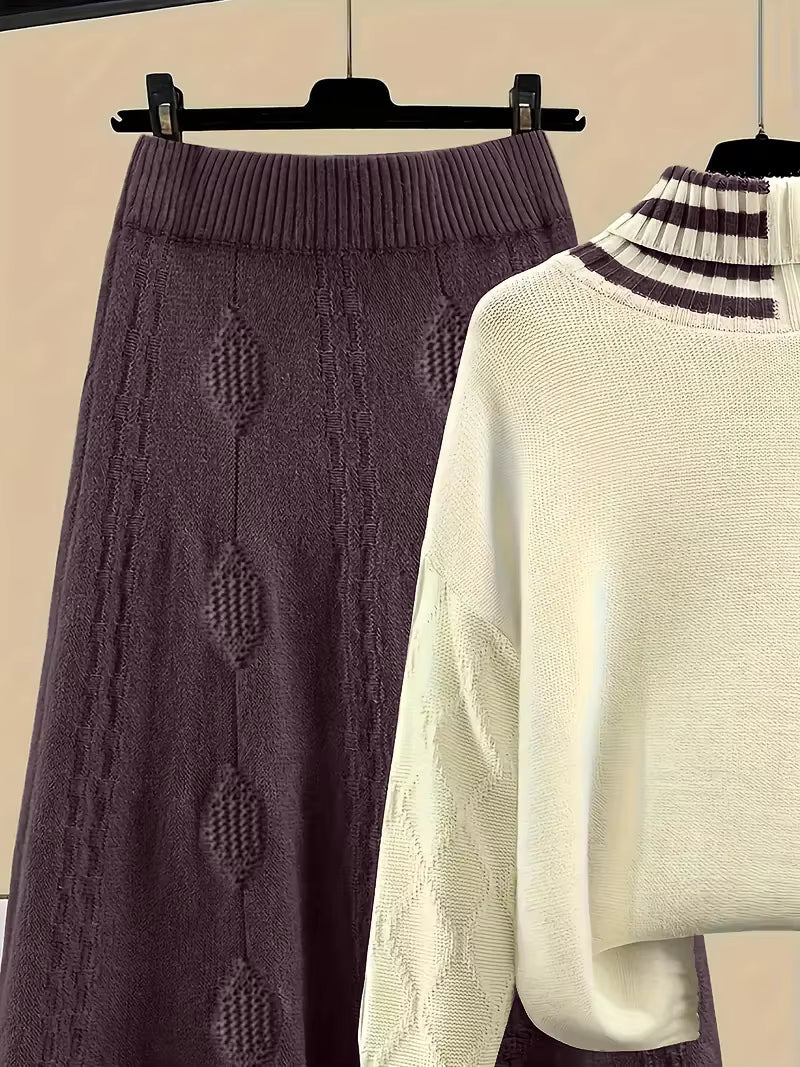 Women's Knitted Co-ord Set – Roll Neck Jumper & Midi Skirt
