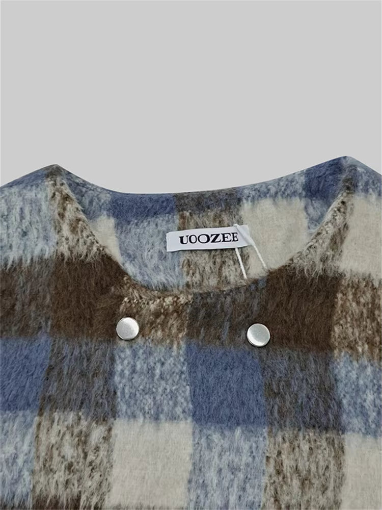 Women's Tweed Jacket – Checked Puff Sleeve Blazer