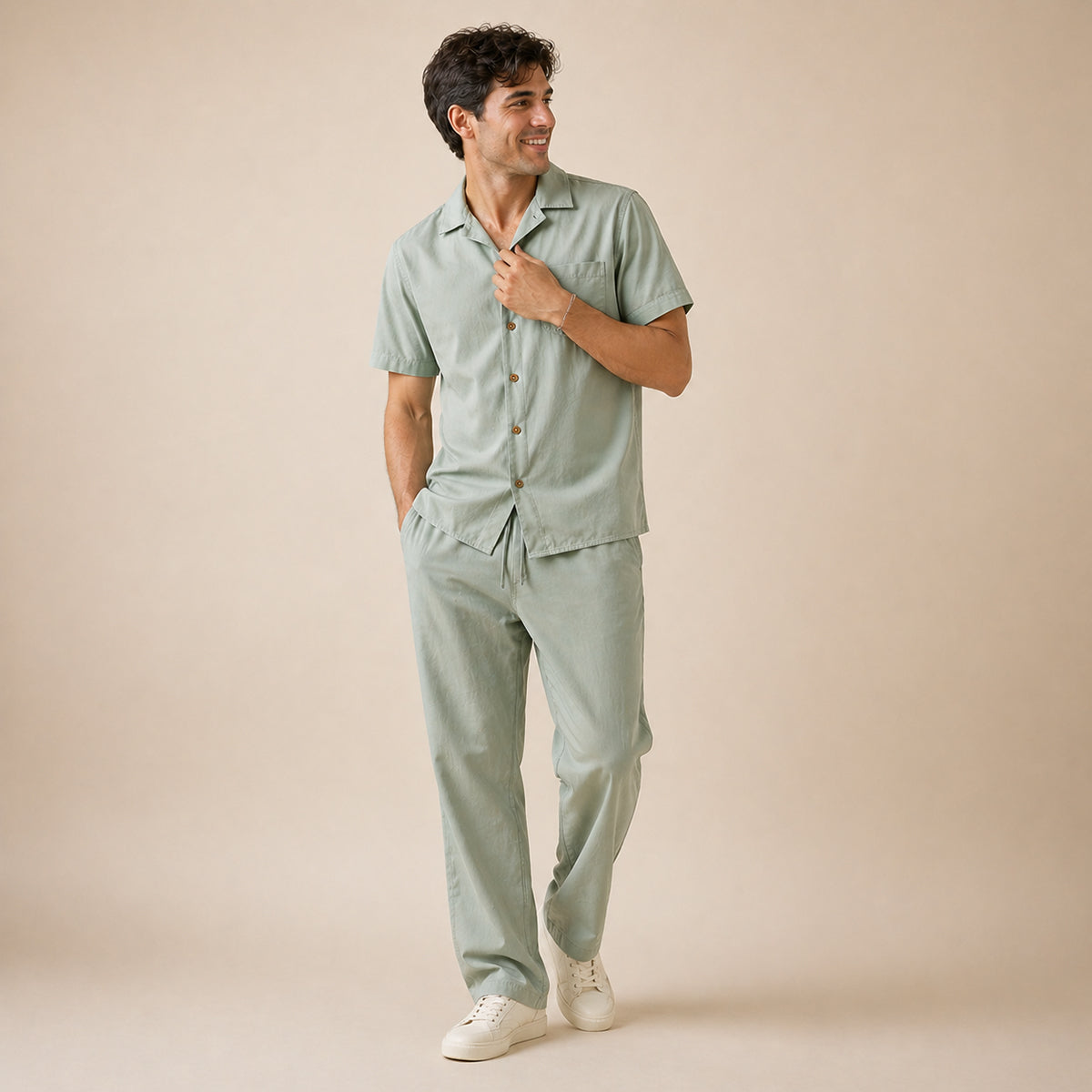 The Morzine Men’s 2 Piece Casual Button Down Set – Linen Shirt and Trousers