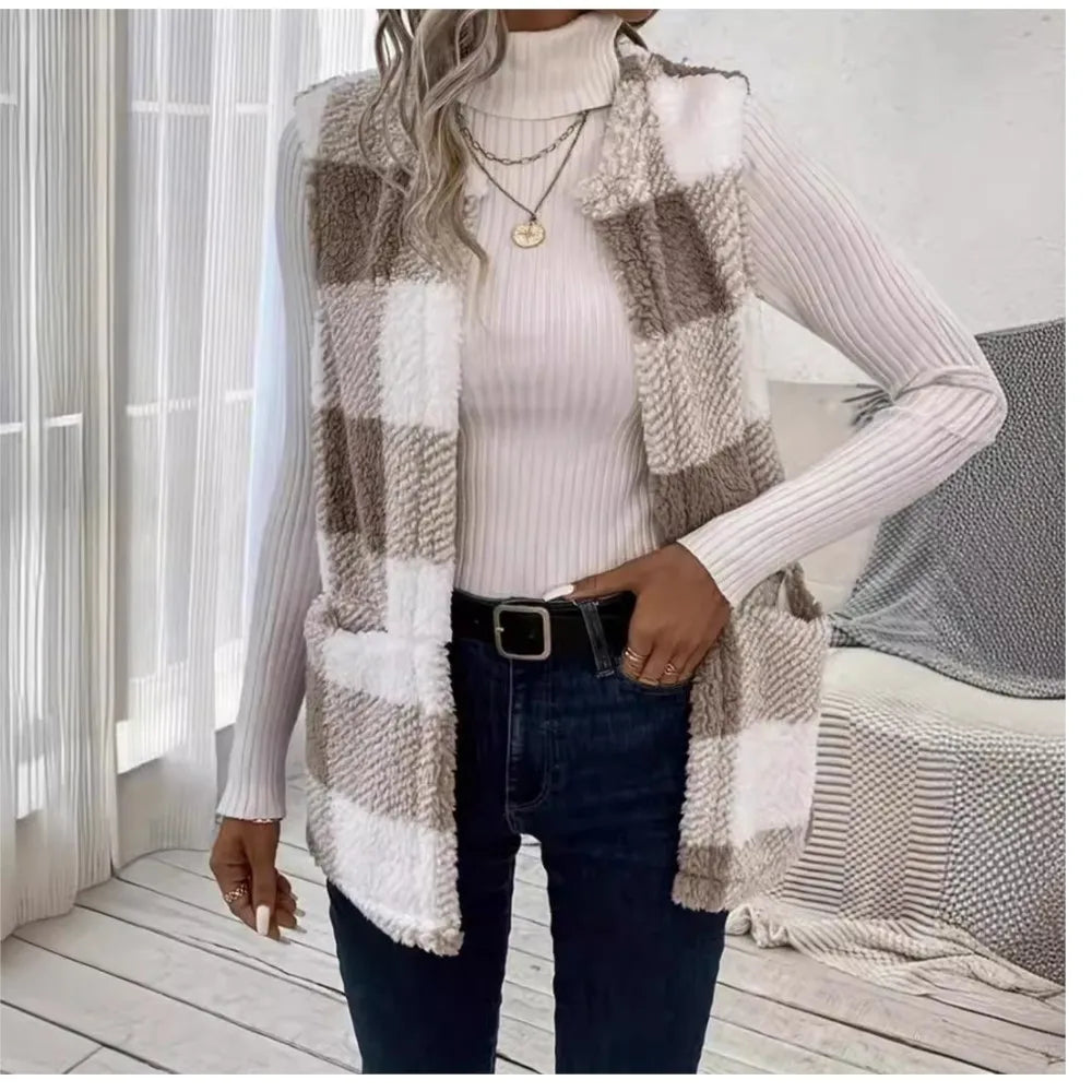 Women's Sleeveless Check Cardigan