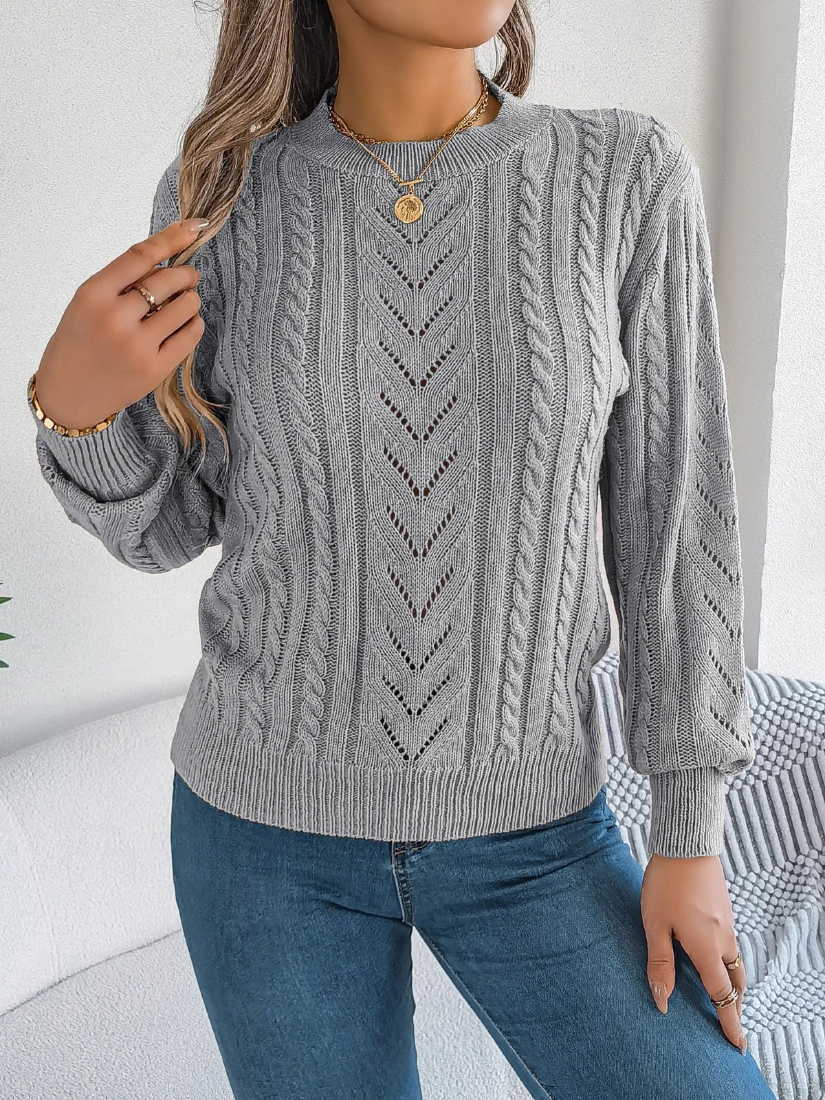 Women's Open Knit Round Neck Top