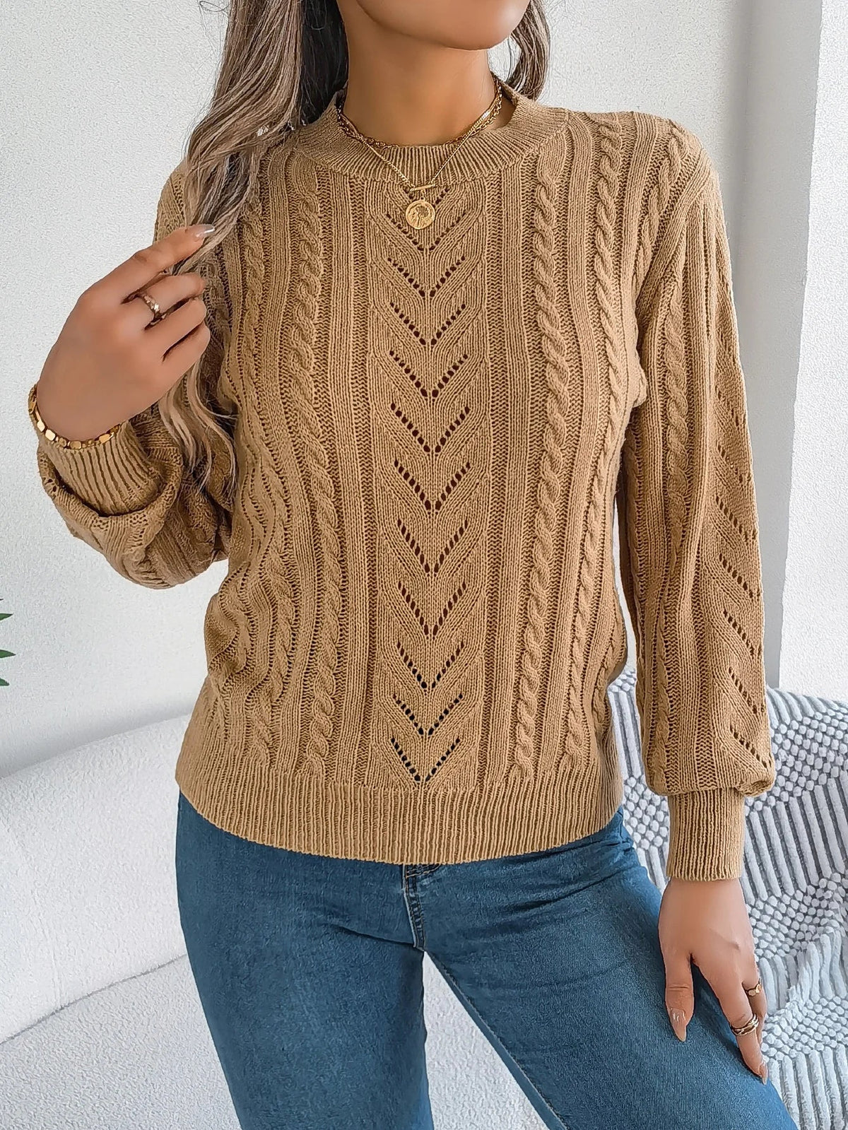 Women's Open Knit Round Neck Top