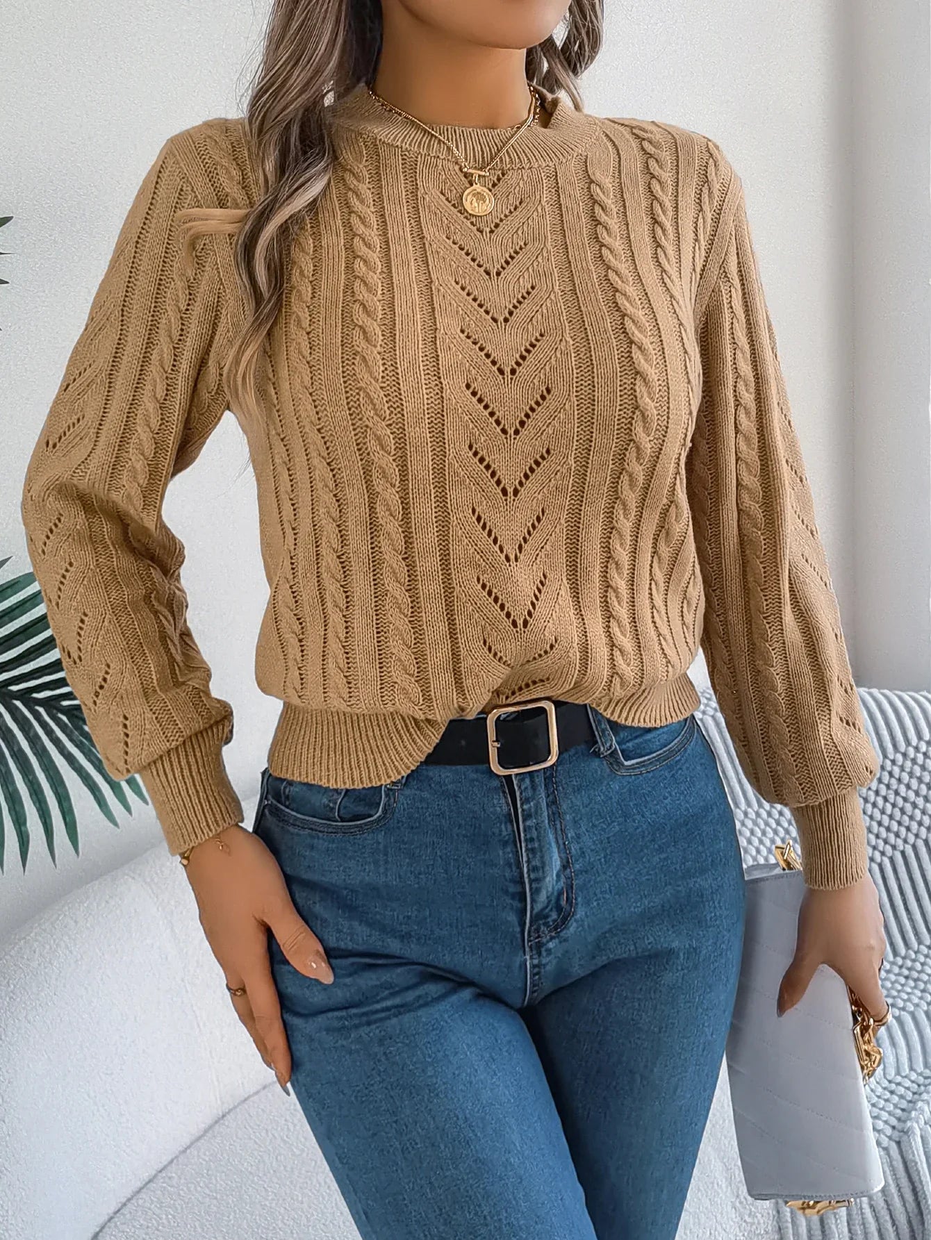 Women's Open Knit Round Neck Top