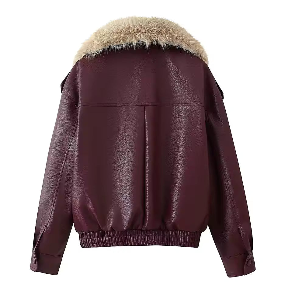 Women's Faux Fur Collar Jacket – Oversized Wine Red Coat