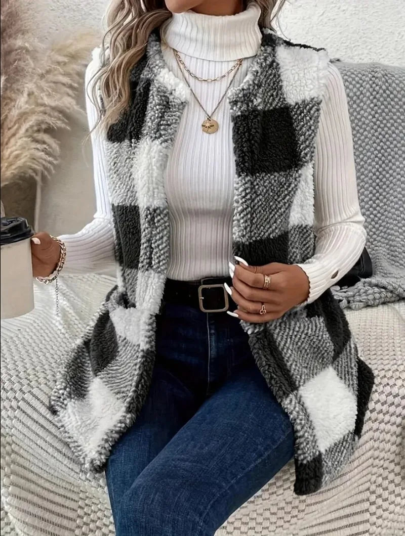Women's Sleeveless Check Cardigan