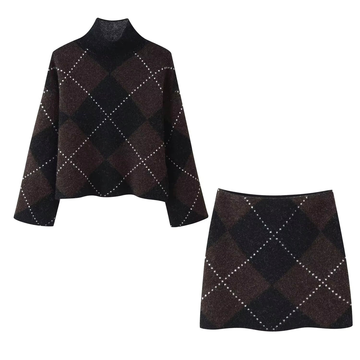 Women's Knitted Co-ord Set – Diamond Pattern Jumper & Skirt