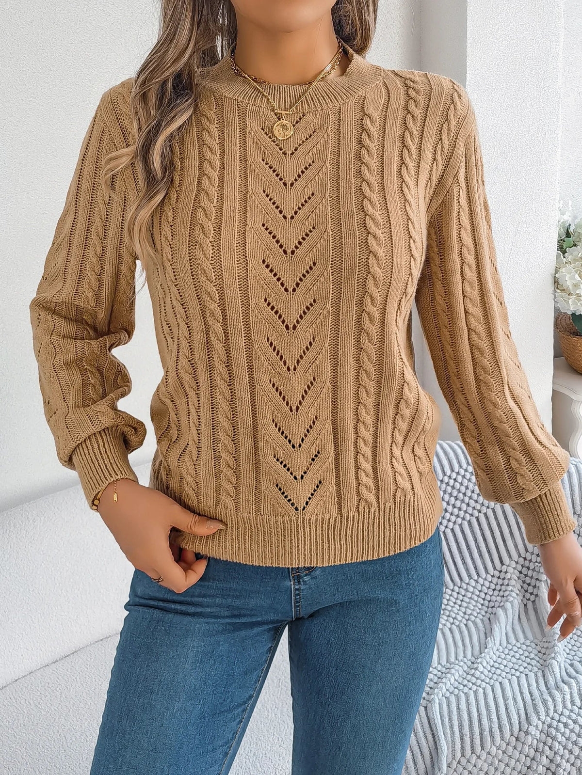 Women's Open Knit Round Neck Top