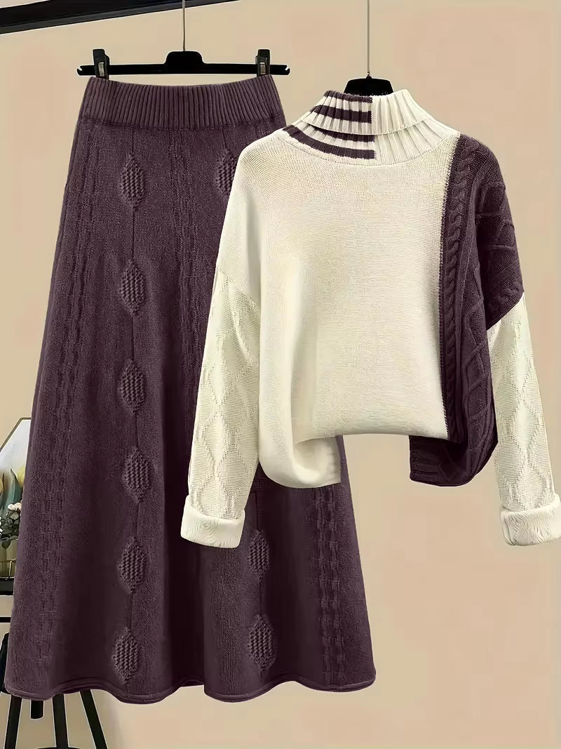 Women's Knitted Co-ord Set – Roll Neck Jumper & Midi Skirt