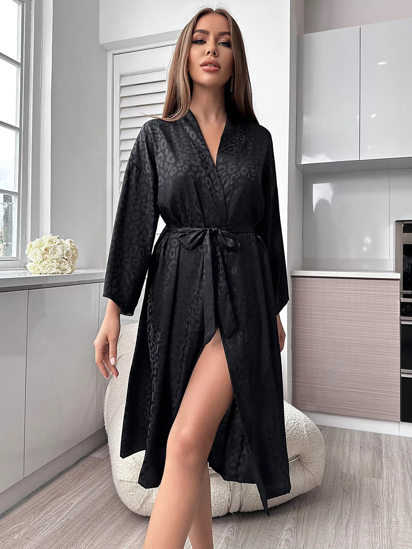 Women's Satin Dressing Gown – Leopard Print Robe with Belt