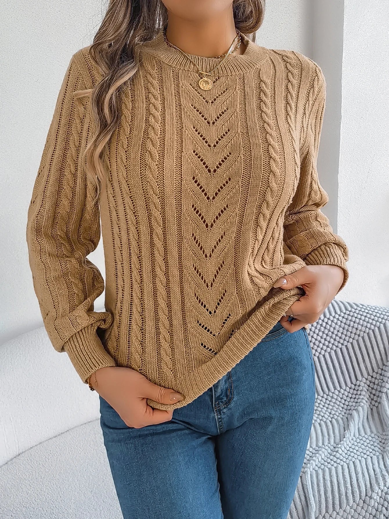 Women's Open Knit Round Neck Top