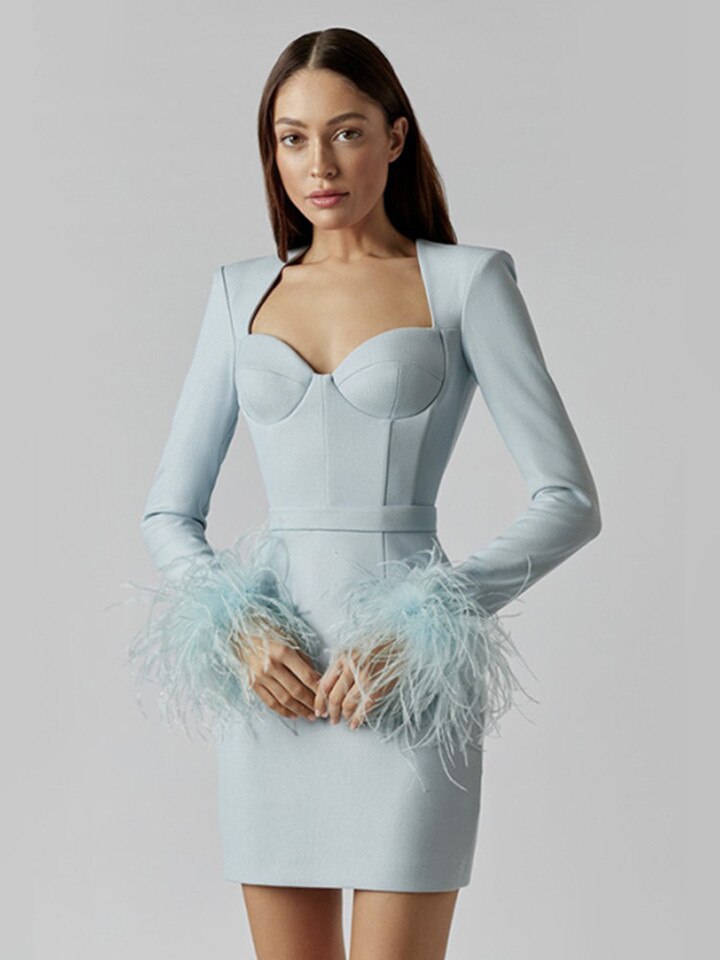 Women's Fitted Mini Dress with Feathered Cuffs
