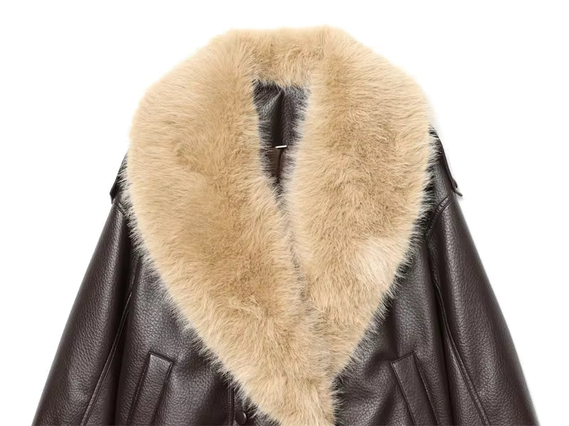 Women's Faux Fur Collar Jacket – Oversized Brown Coat