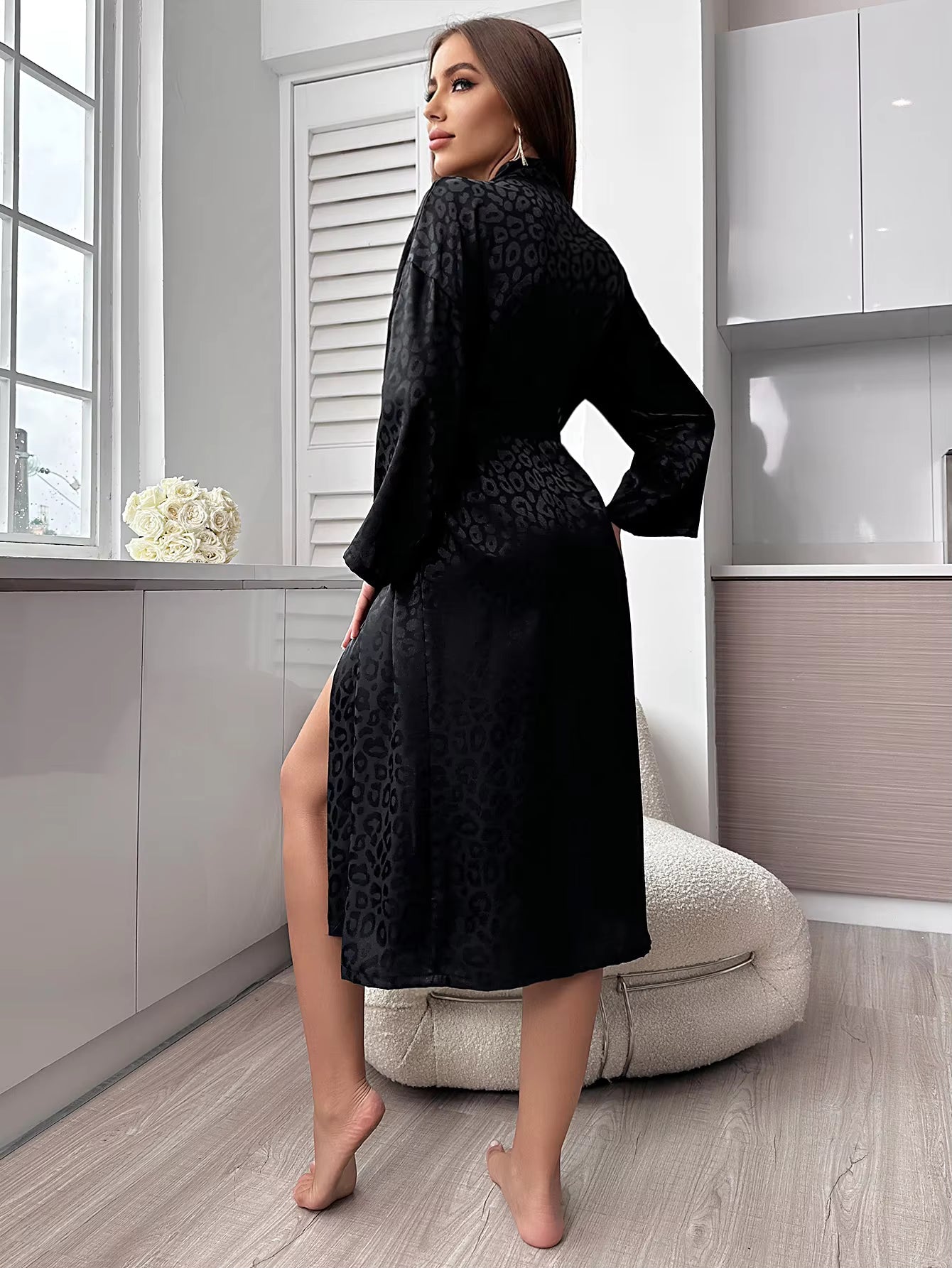 Women's Satin Dressing Gown – Leopard Print Robe with Belt