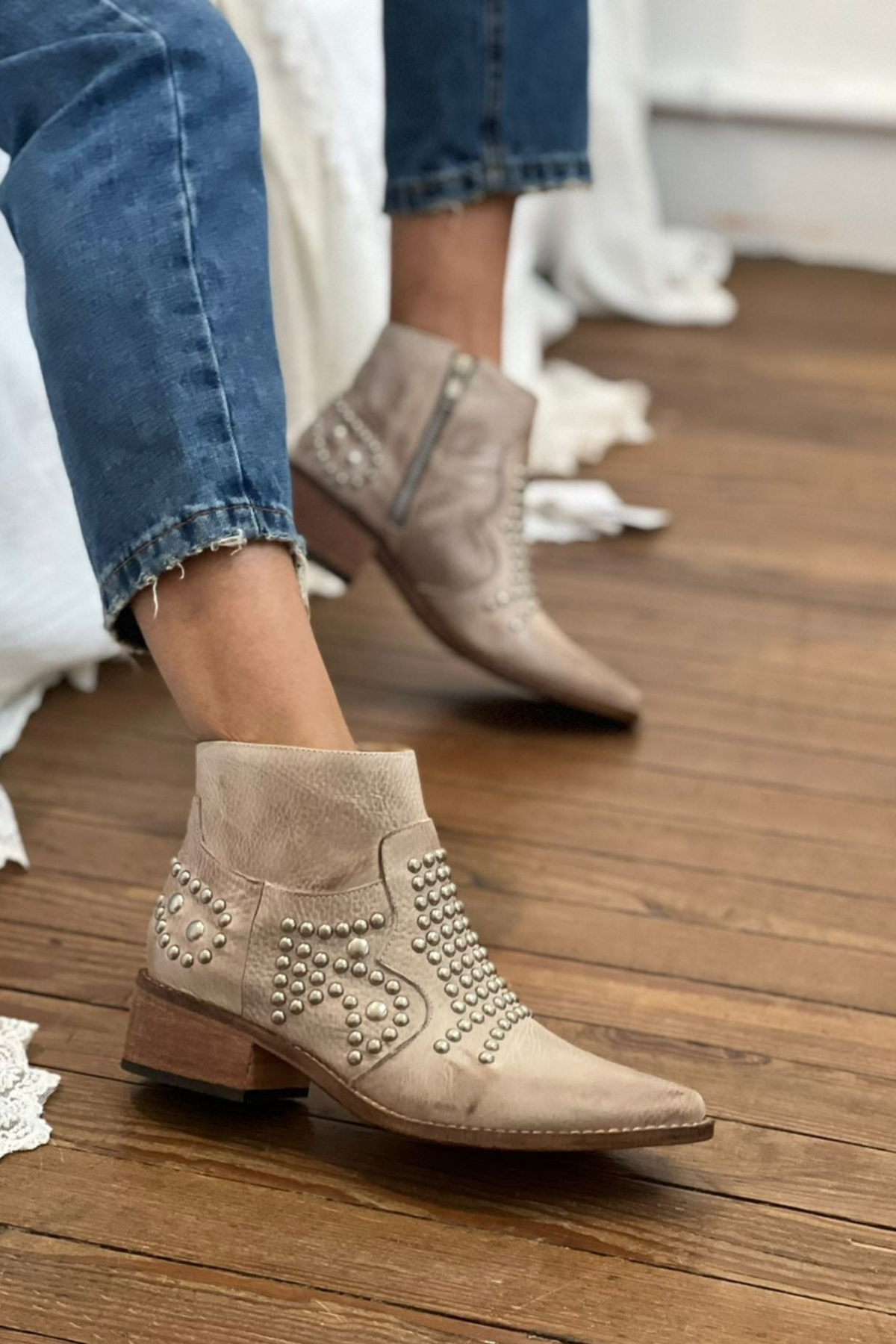 Women's Western Suede Ankle Boots with Studded Pointed Toe Design