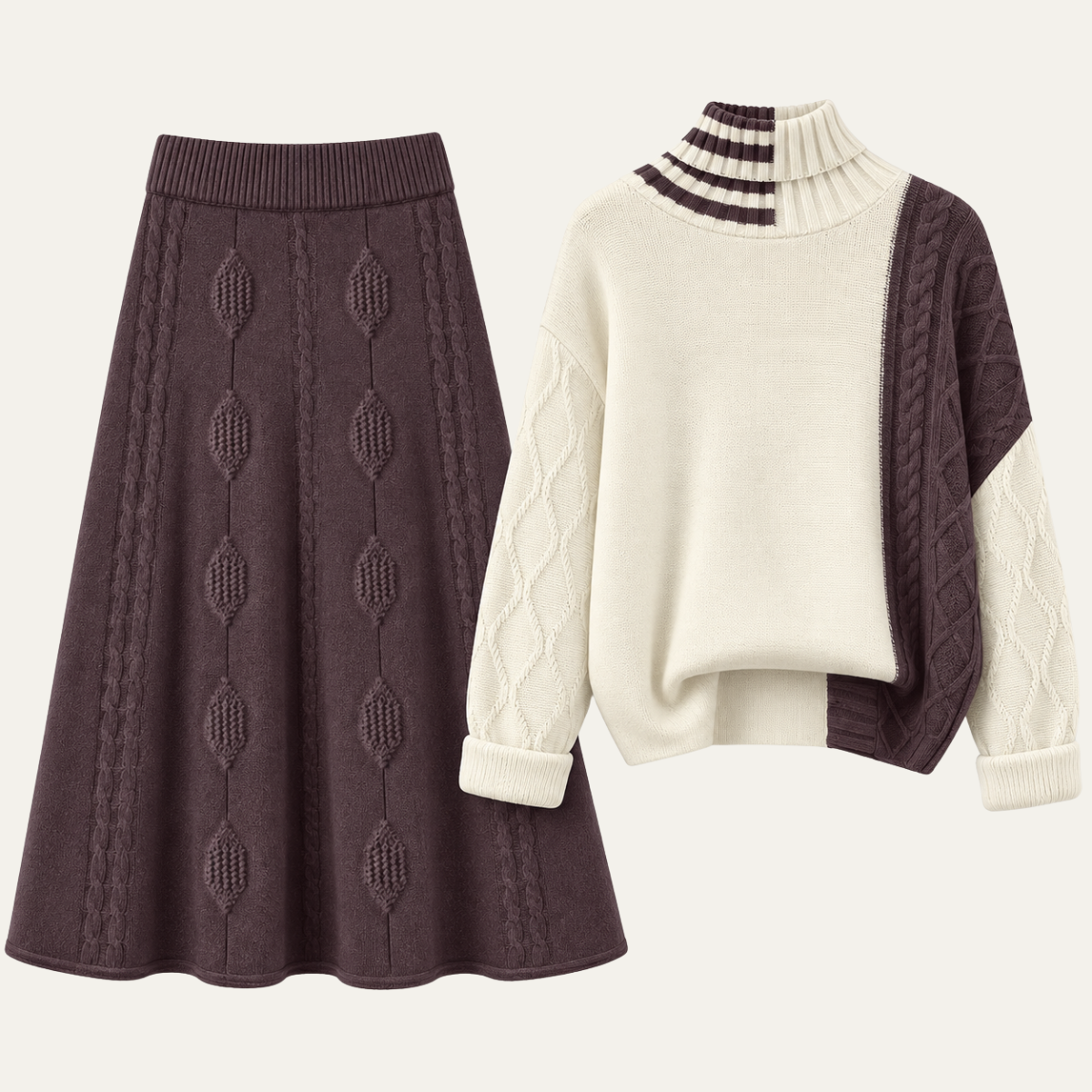Women's Knitted Co-ord Set – Roll Neck Jumper & Midi Skirt