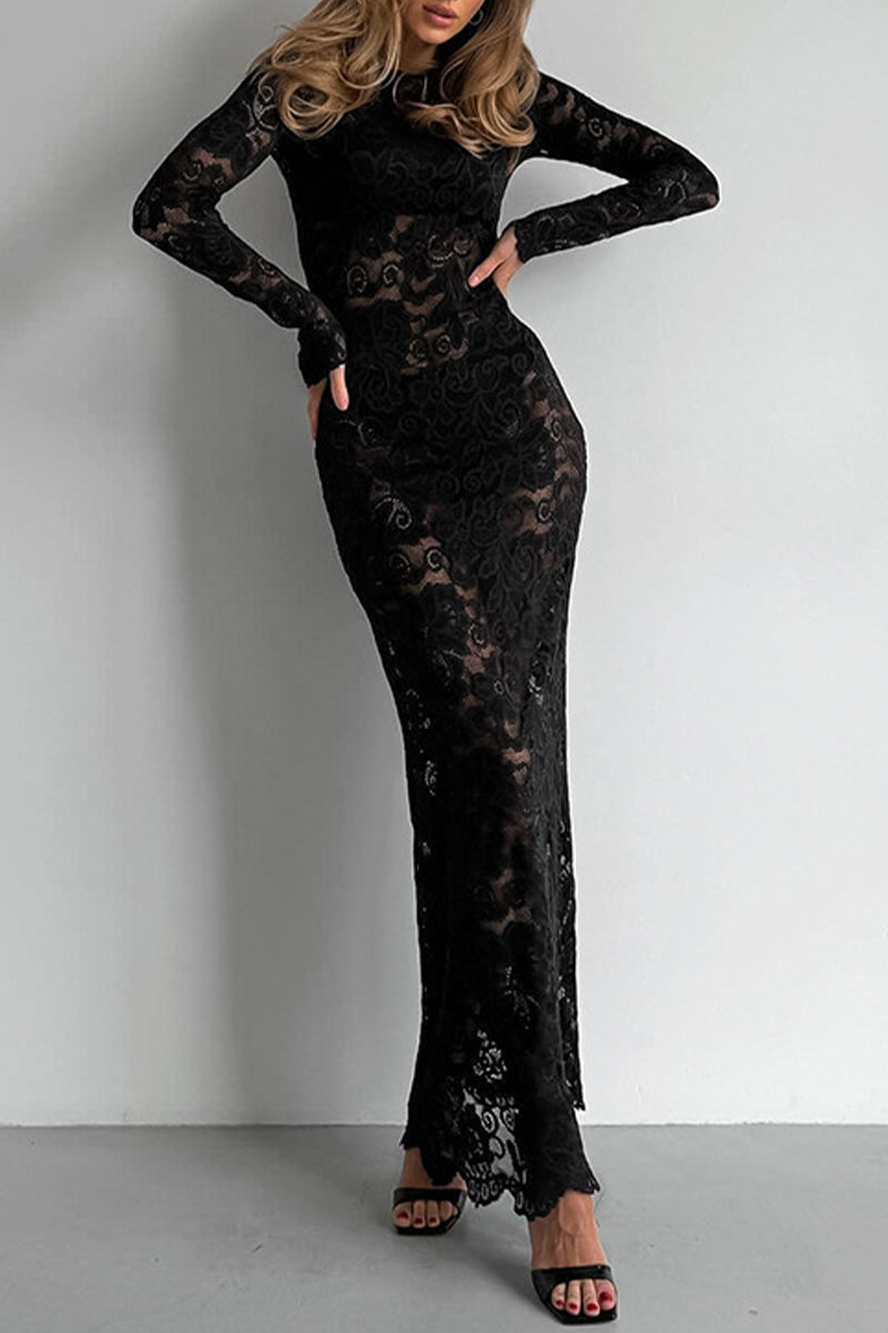 Women's Black Lace Gown with Sheer Panels