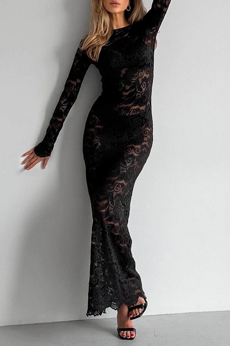 Women's Black Lace Gown with Sheer Panels