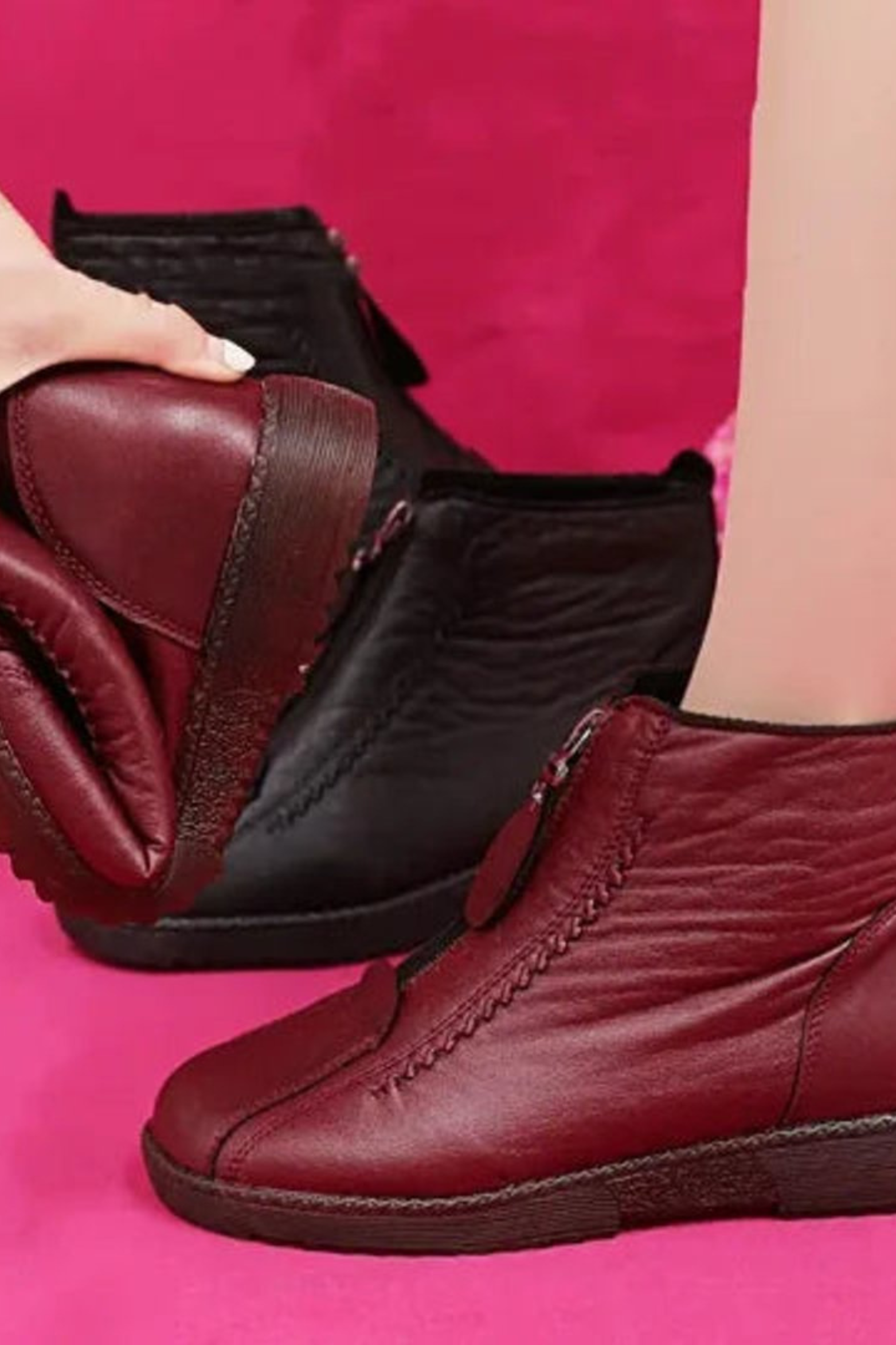 Women's Leather Ankle Boots with Front Zip Low Heel