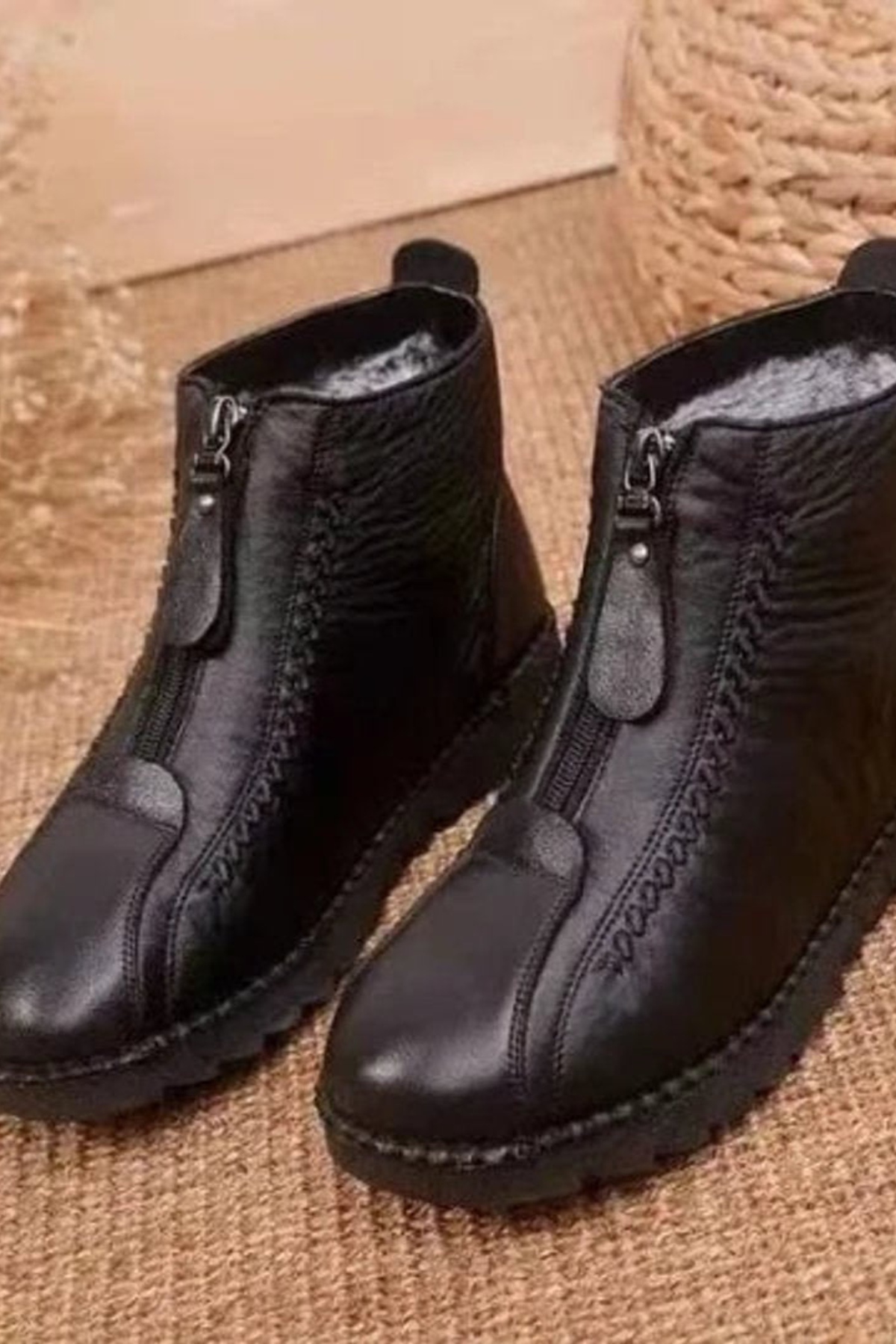 Women's Leather Ankle Boots with Front Zip Low Heel