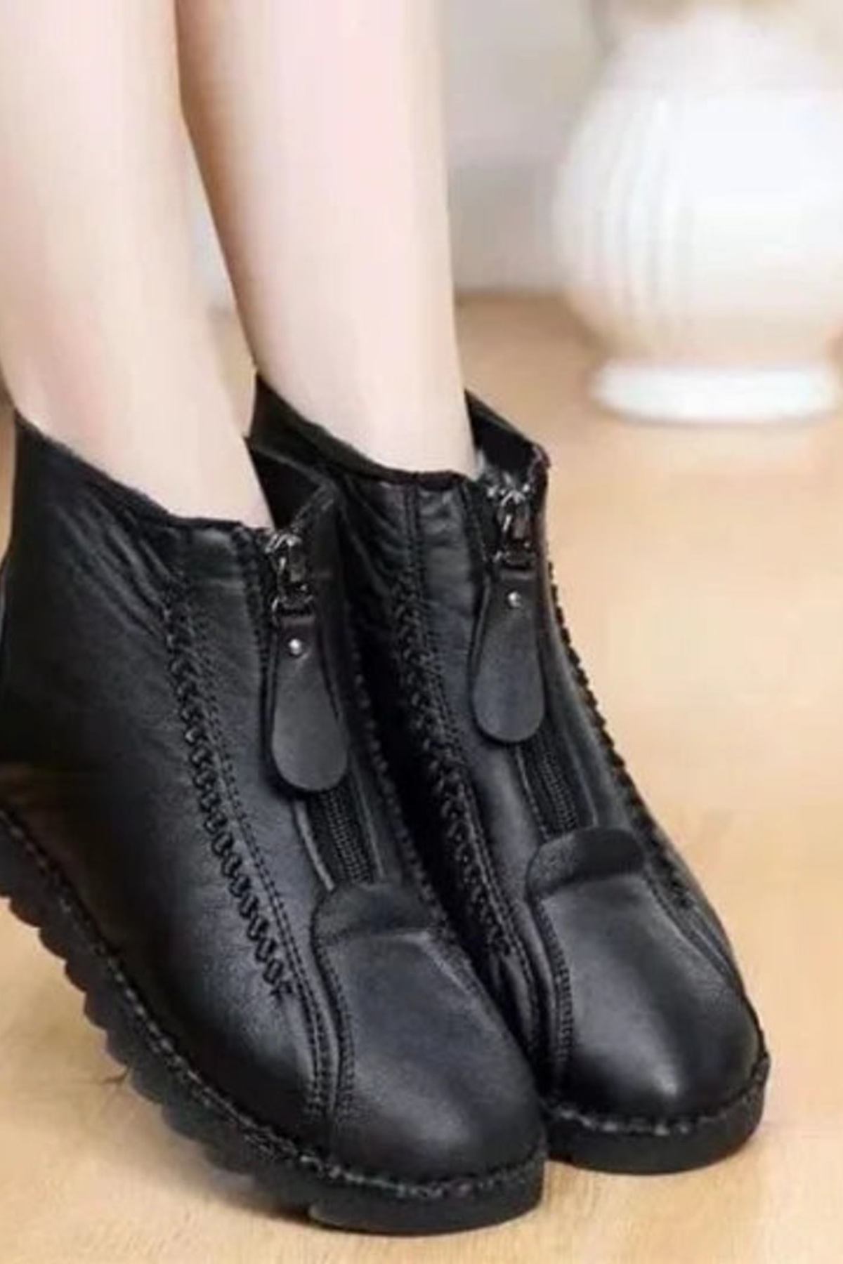 Women's Leather Ankle Boots with Front Zip Low Heel