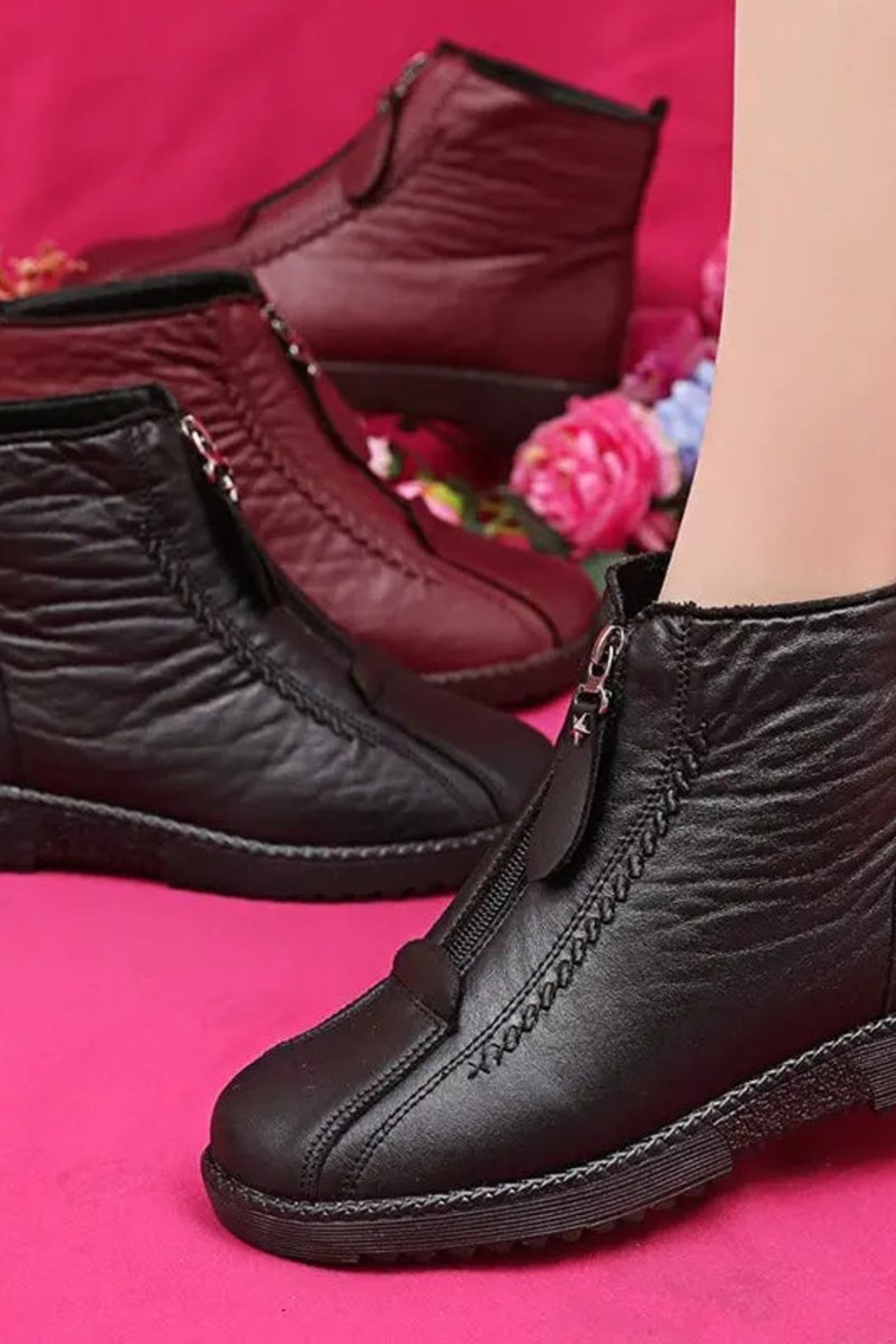 Women's Leather Ankle Boots with Front Zip Low Heel