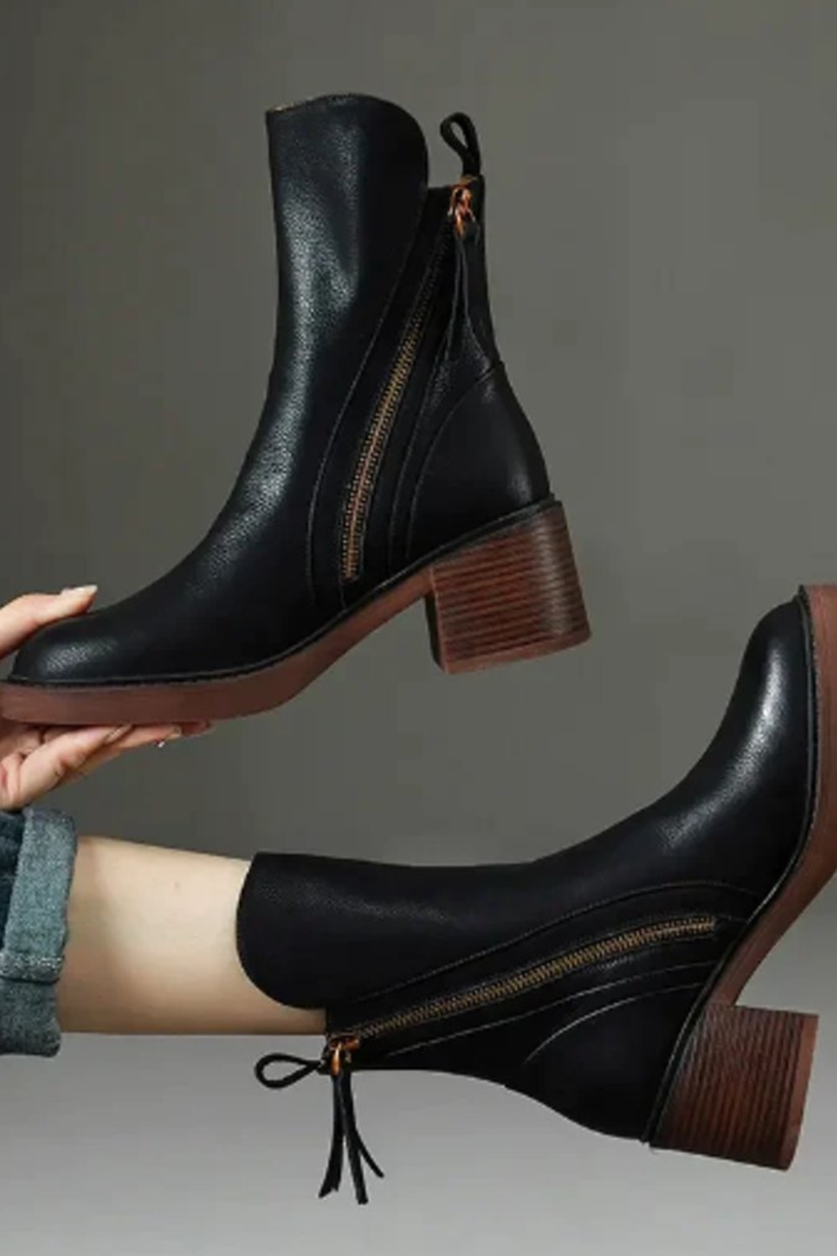 Women's Pointed Toe Ankle Boots with Side Zip Block Heel