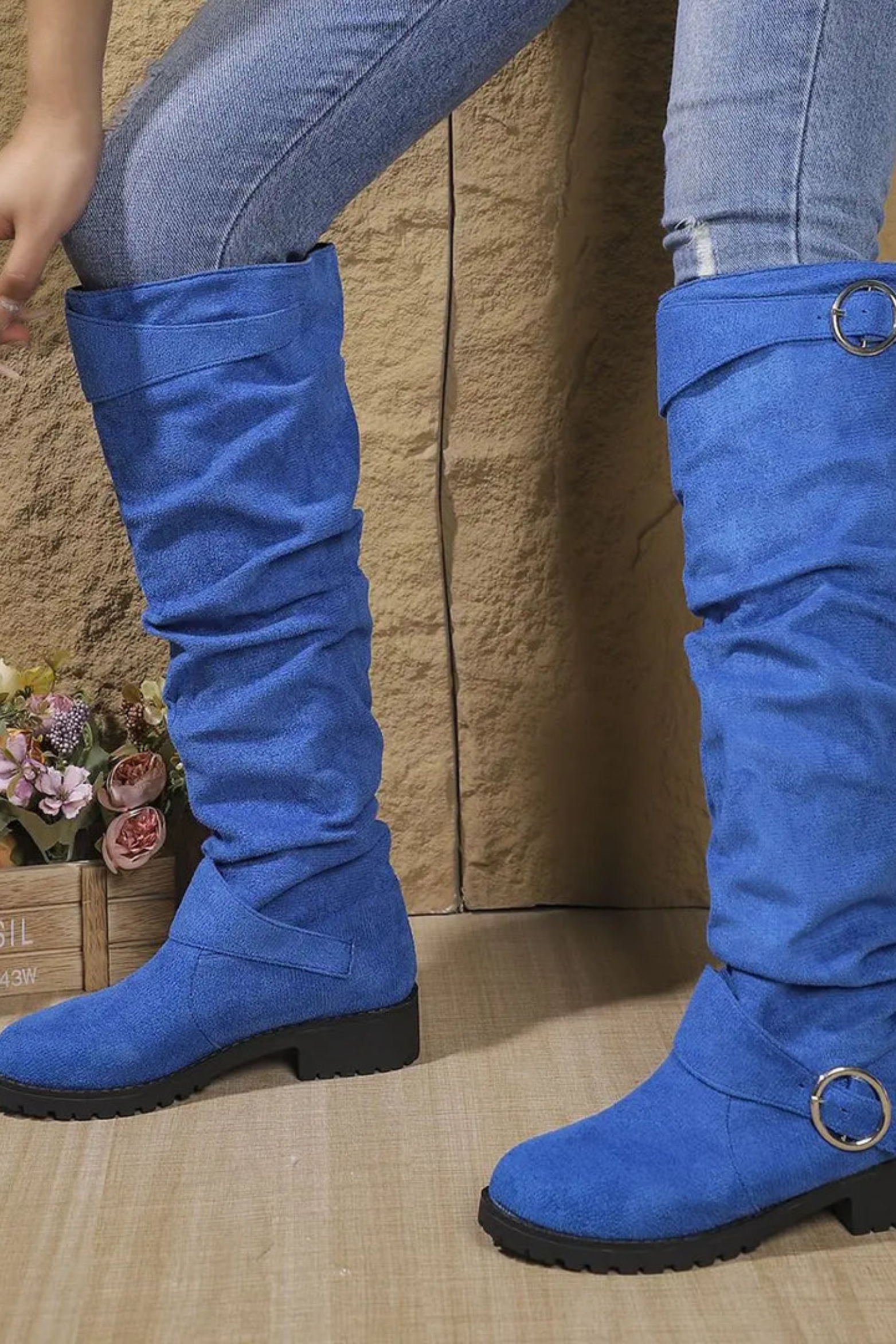 Women's Slouchy Knee High Boots with Buckle Low Heel