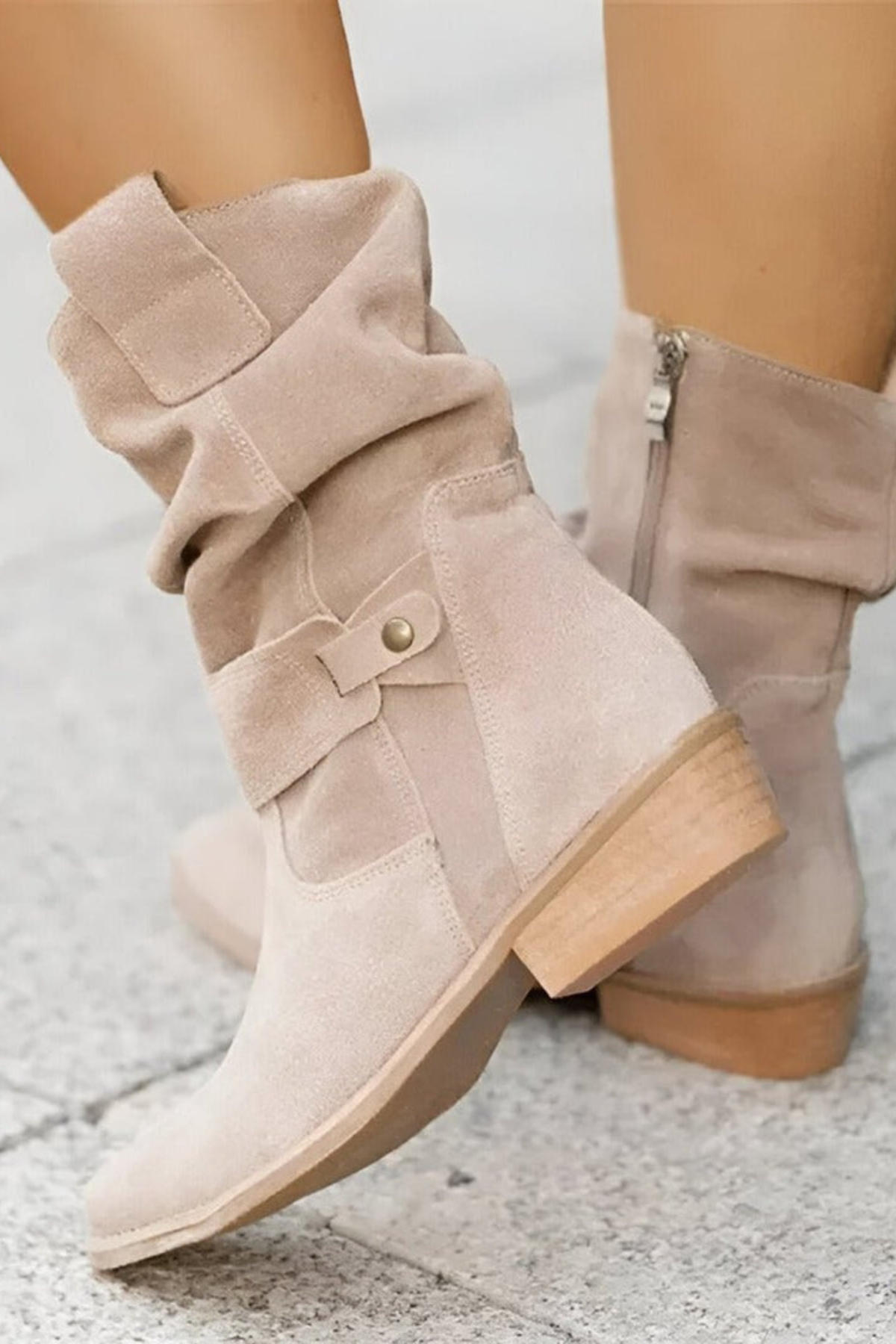 Women's Faux Suede Slouchy Ankle Boots with Buckle Low Heel