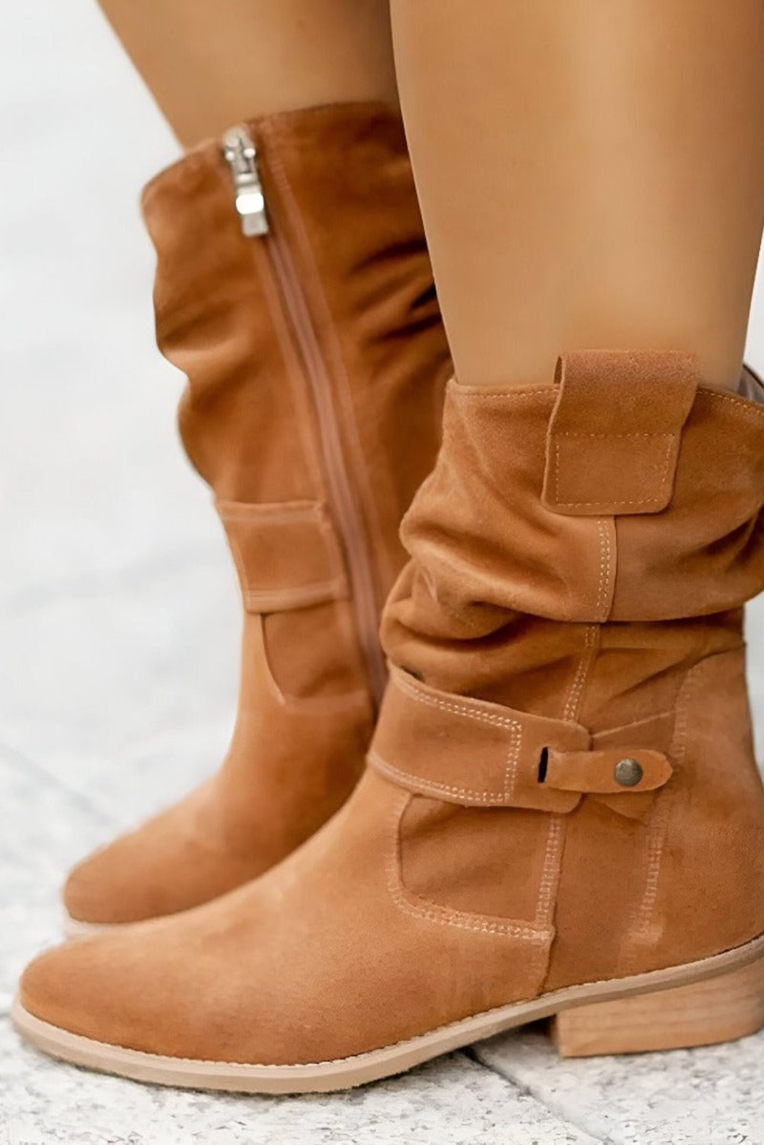 Women's Faux Suede Slouchy Ankle Boots with Buckle Low Heel