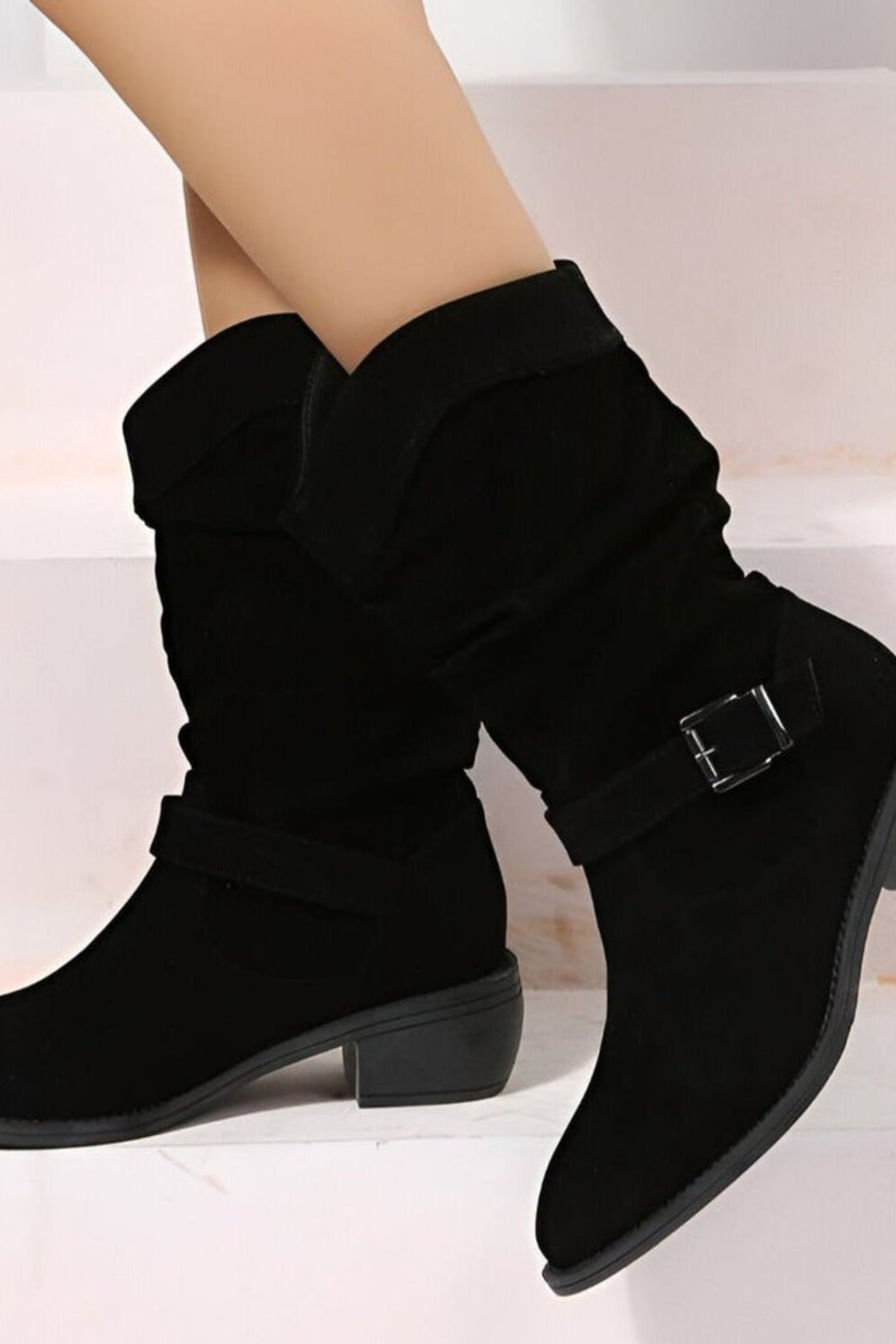 Women's Faux Suede Slouchy Ankle Boots with Buckle Low Heel