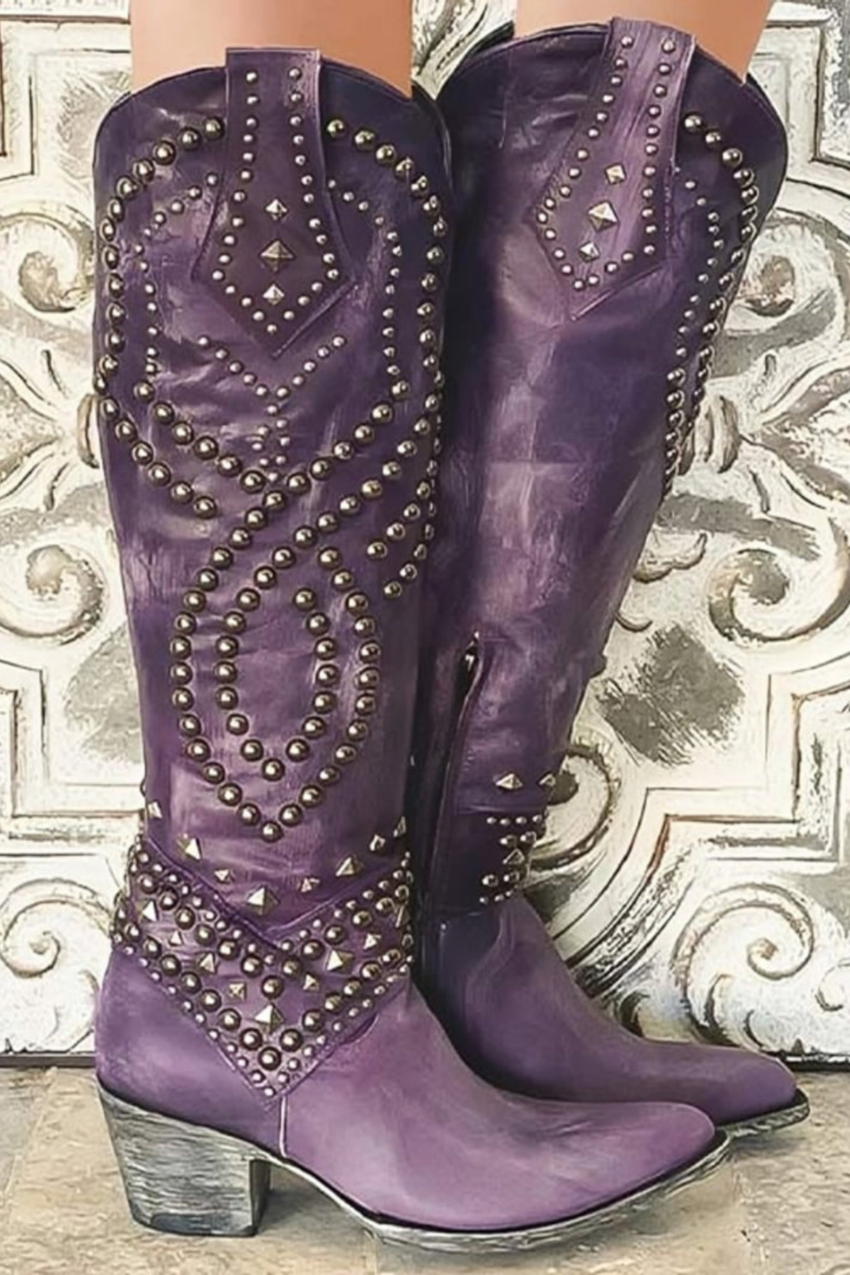 Women's Studded Knee High Cowboy Boots with Pointed Toe Design