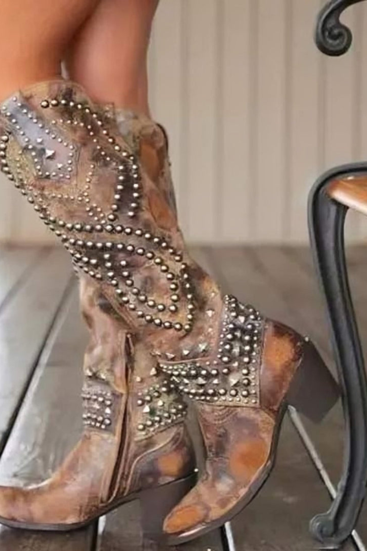 Women's Studded Knee High Cowboy Boots with Pointed Toe Design