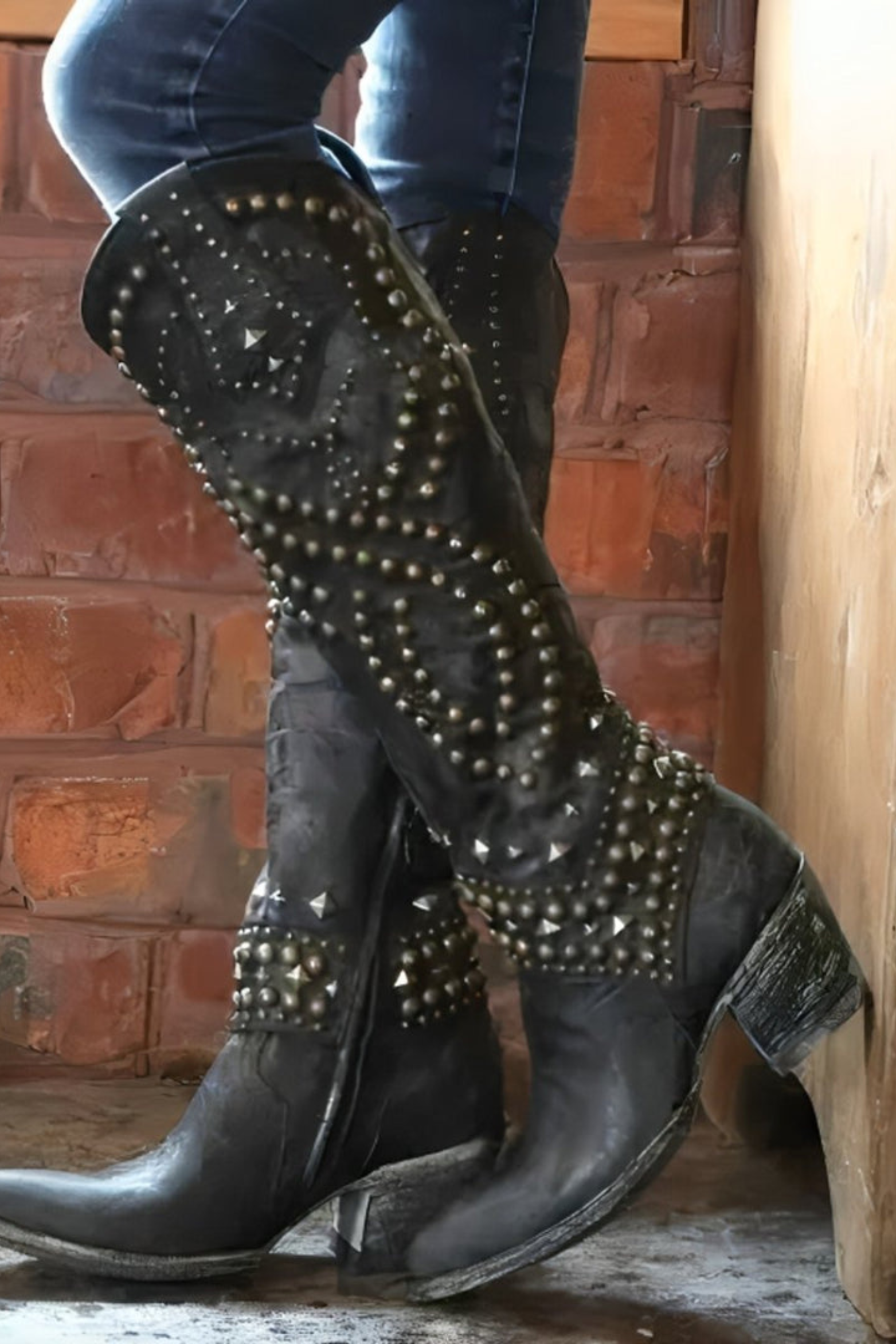 Women's Studded Knee High Cowboy Boots with Pointed Toe Design