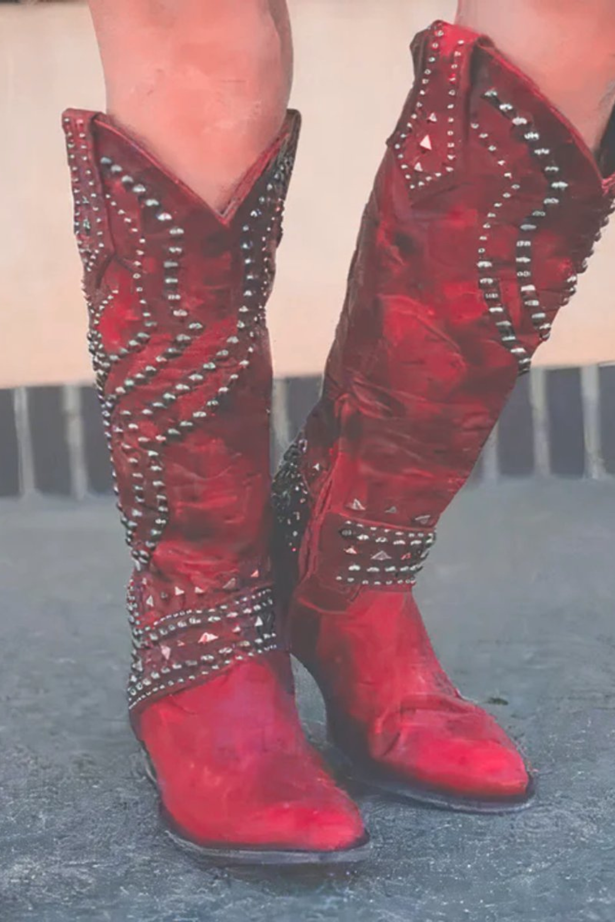 Women's Studded Knee High Cowboy Boots with Pointed Toe Design