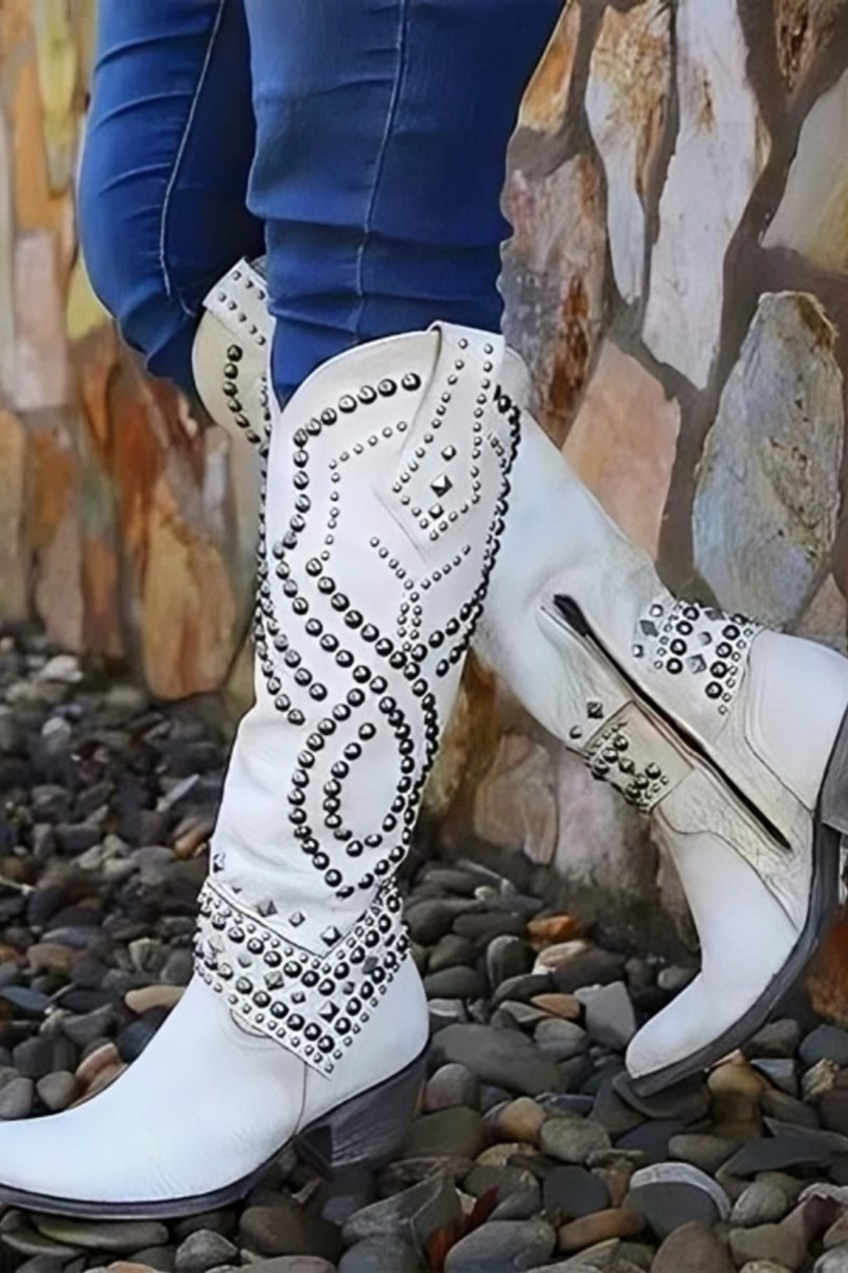 Women's Studded Knee High Cowboy Boots with Pointed Toe Design