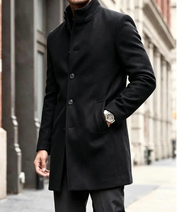 The Threadneedle Men's Single Breasted Stand Collar Overcoat