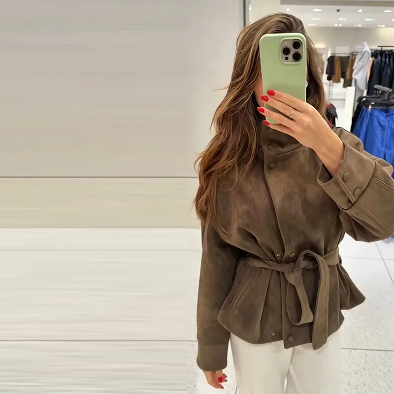 Women's Suede Jacket – Belted High Collar Brown Jacket