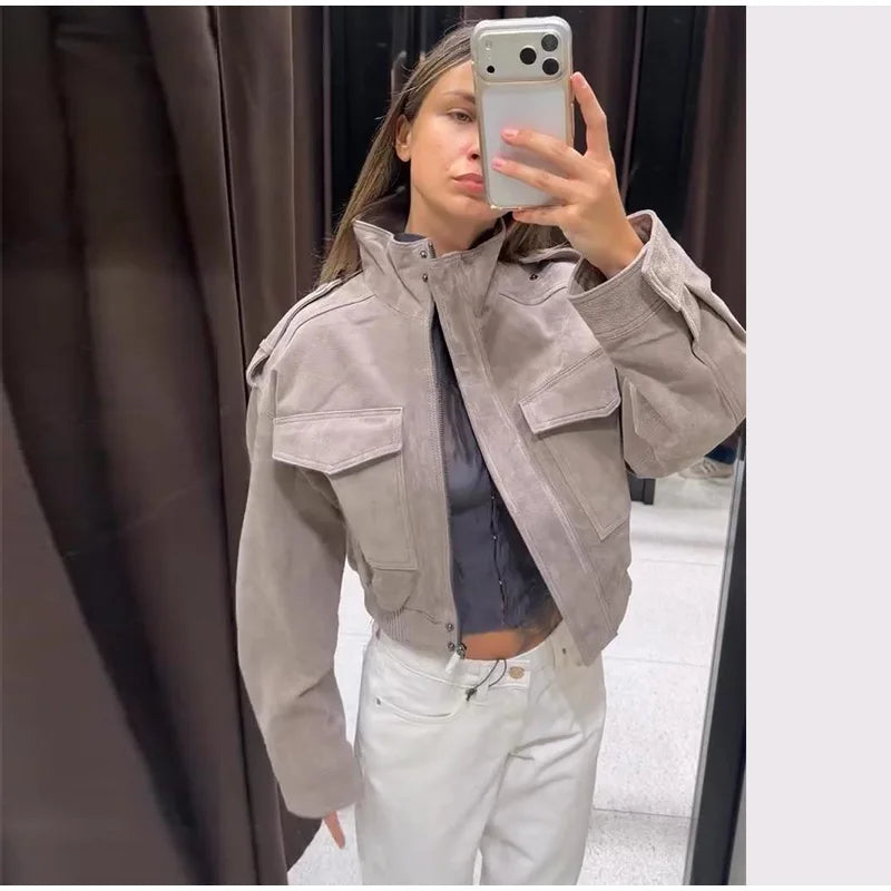 Women's Cropped Bomber Jacket – Grey Suede Jacket