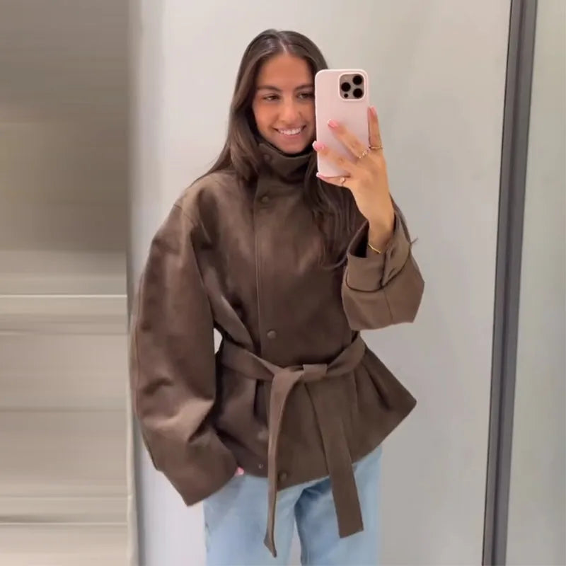 Women's Suede Jacket – Belted High Collar Brown Jacket