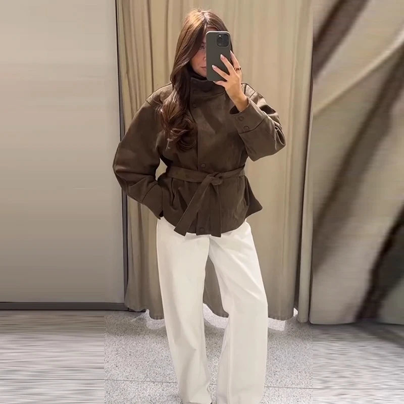 Women's Suede Jacket – Belted High Collar Brown Jacket
