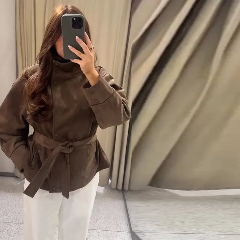 Women's Suede Jacket – Belted High Collar Brown Jacket