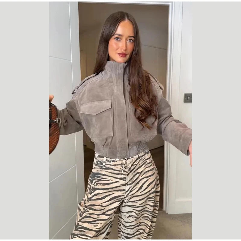 Women's Cropped Bomber Jacket – Grey Suede Jacket