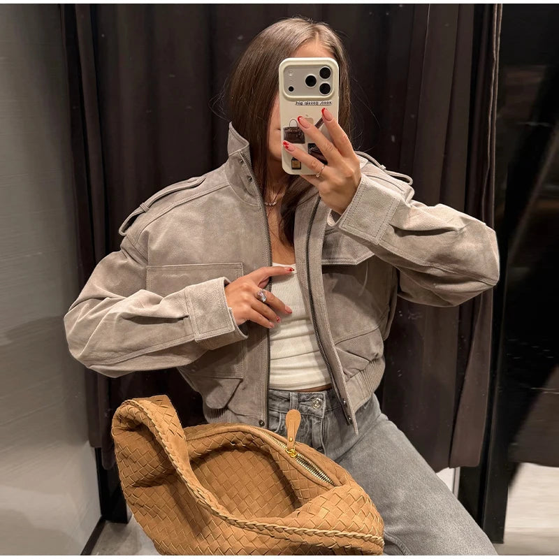 Women's Cropped Bomber Jacket – Grey Suede Jacket