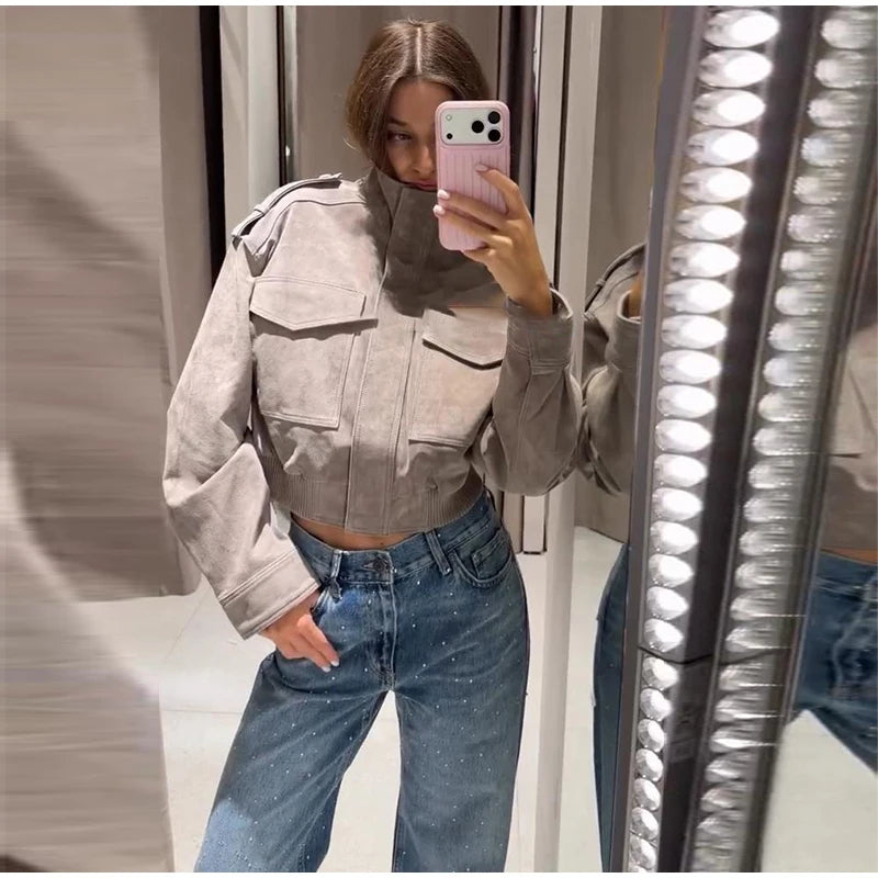 Women's Cropped Bomber Jacket – Grey Suede Jacket