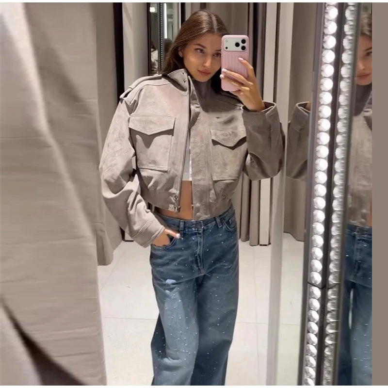 Women's Cropped Bomber Jacket – Grey Suede Jacket